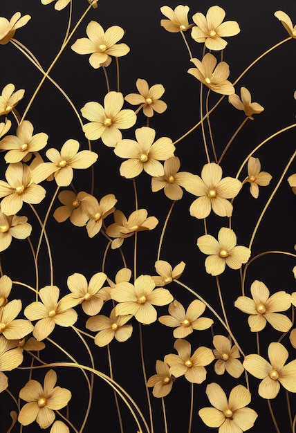 Dekoracyjne tło z metalicznymi kwiatami wykonanymi z filigranowego złotego drutu na czarnej ilustracji 3D