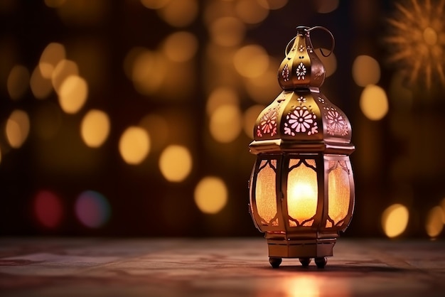 Zdjęcie dekoracyjne tradycyjne lampy eid na tle bokeh na drewnianym stole