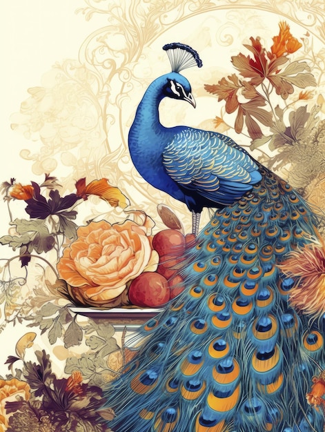 Dekoracyjne Vintage Peacock ptak siedzący na gałęzi Kwiatowy ilustracja Tapeta