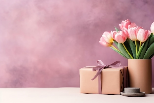Dekoracyjny bukiet kwiatów tulipanów lub zapakowane pudełko upominkowe Na dzień matki lub walentynki z copyspace