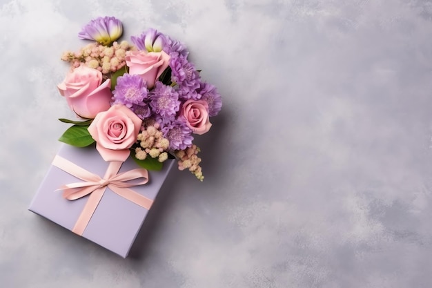 Dekoracyjny bukiet kwiatów tulipanów lub zapakowane pudełko upominkowe Na dzień matki lub walentynki z copyspace