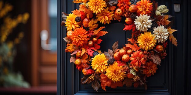 Zdjęcie dekoracyjny jasny jesienny wieniec wiszący na przednich drzwiach domu drzwi z bliska piękna uroczyste dekoracja na święto dziękczynienia lub imprezę halloween jesień sezon tło październik jesień jesień koncepcja