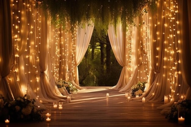 Dekoracyjny nocny ogród ślub na zewnątrz w ogrodzie z ciepłymi światłami świetlnymi Generatywna ilustracja AI