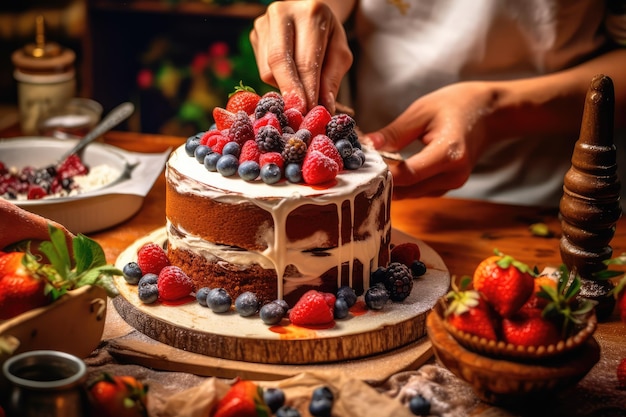 dekorowanie tortu na kuchennym stole profesjonalna fotografia reklamowa jedzenia