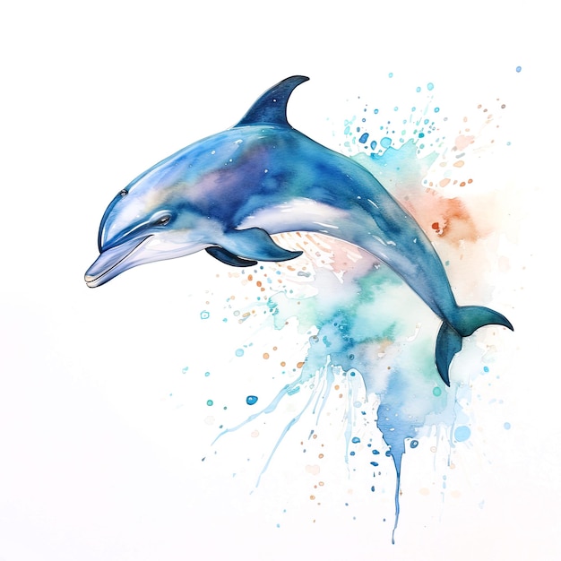 Delfin butlonosy Tursiops wyskakuje z morza Cyfrowa akwarela ilustracja na białym tle