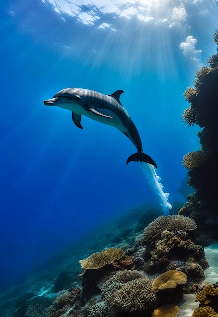 Delfin Delphinidae ssak pływający w tropikalnych wodach podwodnych Silhouette Delfin w podwodnym świecie dzikich zwierząt Obserwacja dzikiej przyrody ocean nurkowanie przygody w wybrzeżu Ekwadoru Kopiuj przestrzeń