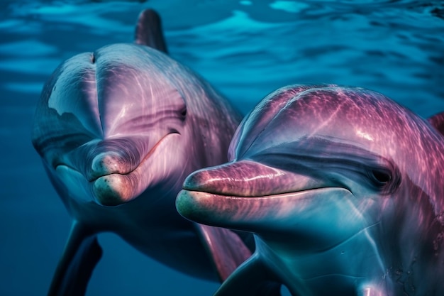 Delfin i jej przyjaciel pływają w oceanie.
