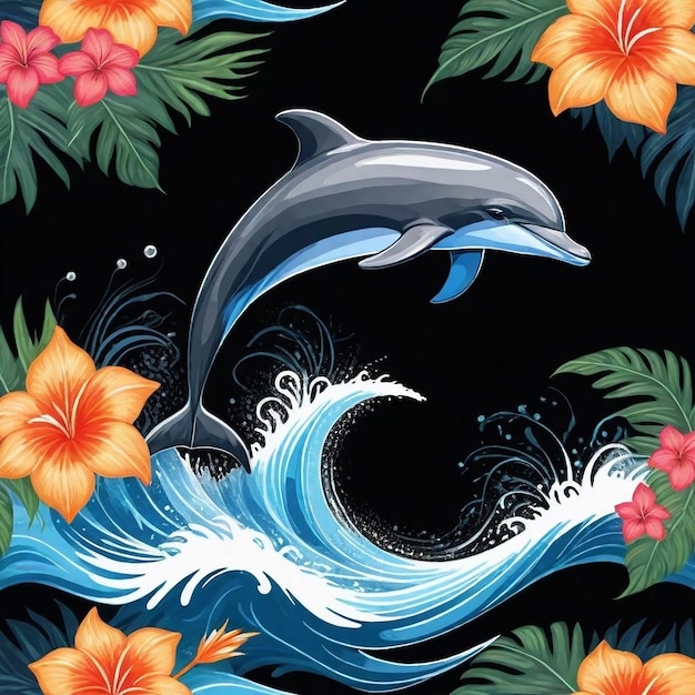 Delfin pływa w wodzie z kwiatami i słowem delfin.
