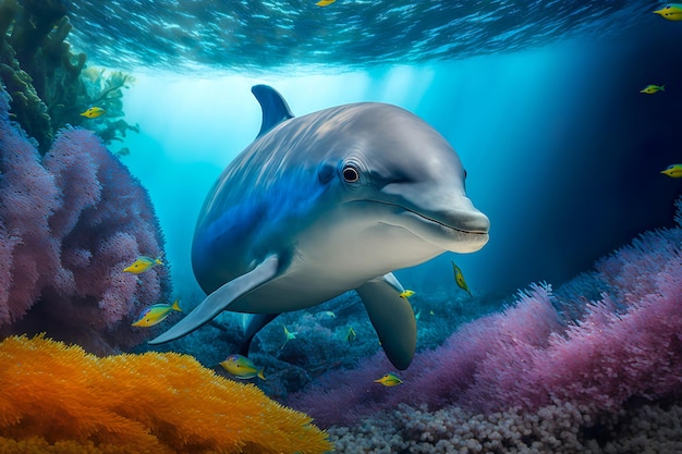 Delfin pływający w morzu Piękne podwodne i kolorowe koralowce w dzikiej przyrodzie Oceanu Spokojnego Generuj Ai