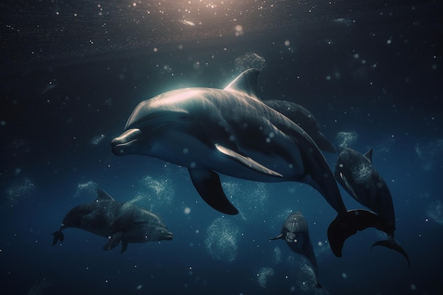 Delfin pływający w oceanie z kobietą w tle.