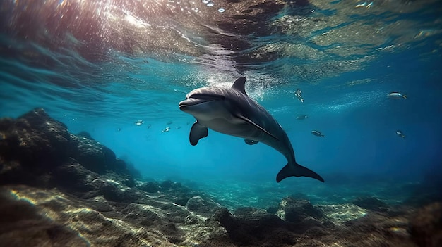 Delfin pływający w oceanie ze świecącym słońcem.