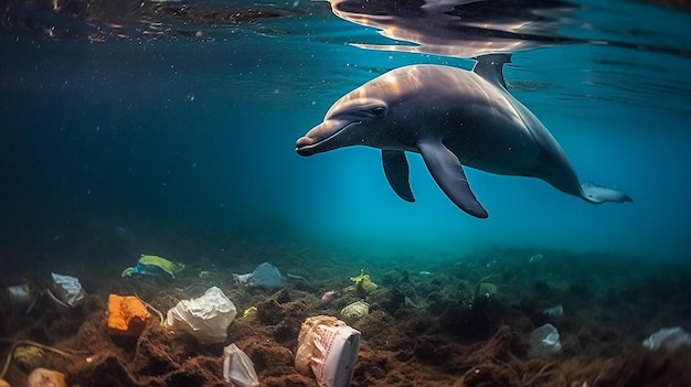 Zdjęcie delfin uwięziony w plastikowej torbie w oceanie ochrona środowiska generative ai