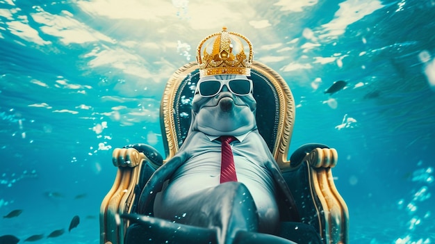 delfin w krawacie z koroną i okularami przeciwsłonecznymi siedzący na tronie w morzu Generative Ai