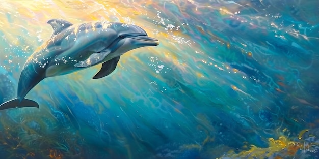 Delfin wdzięcznie pływa przez błyszczące promienie słoneczne pod wodą Koncepcja Podwodne Piękno Słoneczny delfin wdzięczny ruch błyszczące promienie