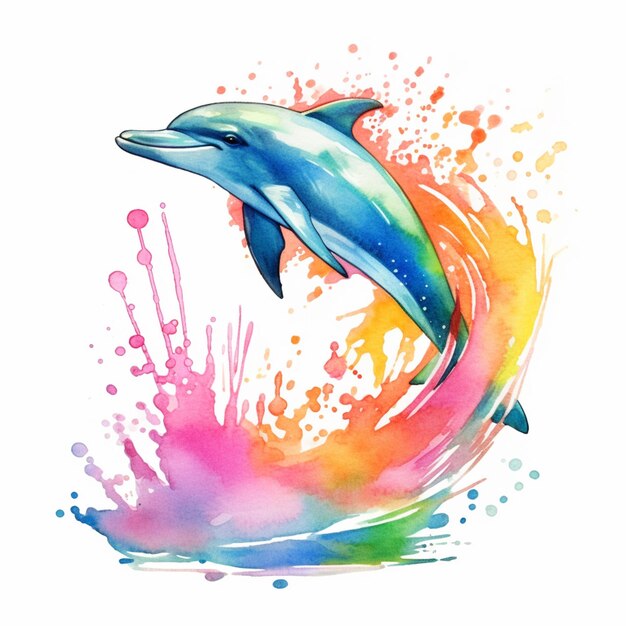 Delfin wyskakujący z wody z kolorowymi plamami generatywnej ai