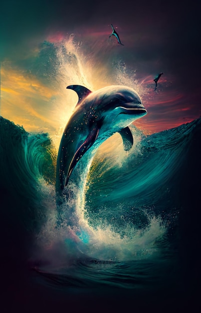 Delfin wyskakujący z wody z zachodem słońca w tle generatywnej ai