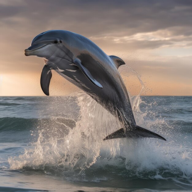 Delfin wyskakuje z wody przed pochmurnym niebem.