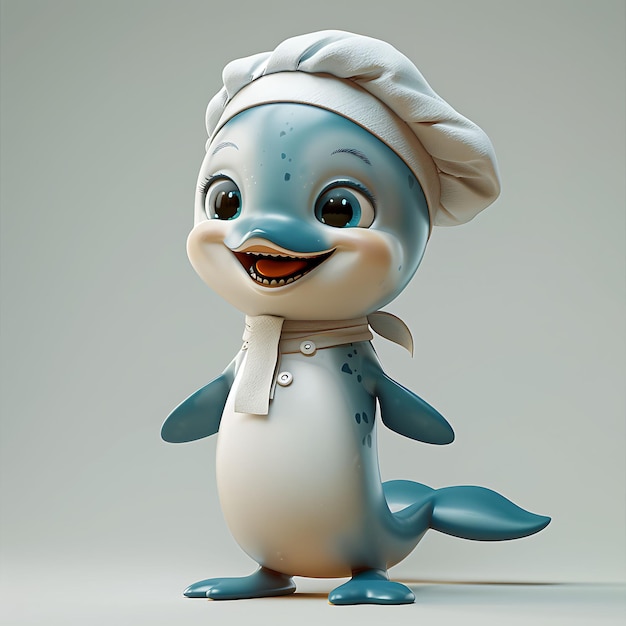 Delfin z szefem kuchni Poza Umiłowanie jedzenia Uśmiech Ładne ciało Redshi Kreatywny charakter zwierzęcy na białym BG