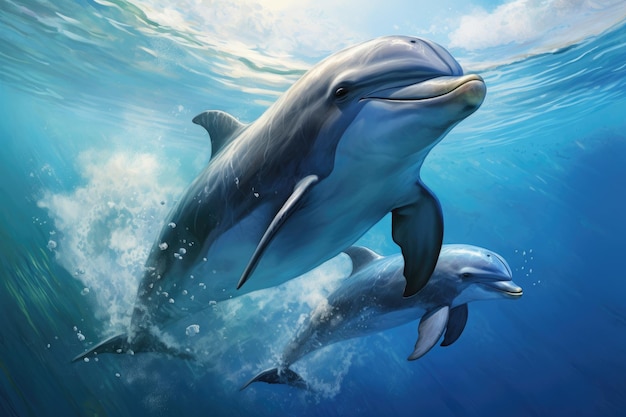 Delfiny pływające pod wodą w oceanie 3D rendering Podwodny świat delfiny pływające w wodzie AI Generated