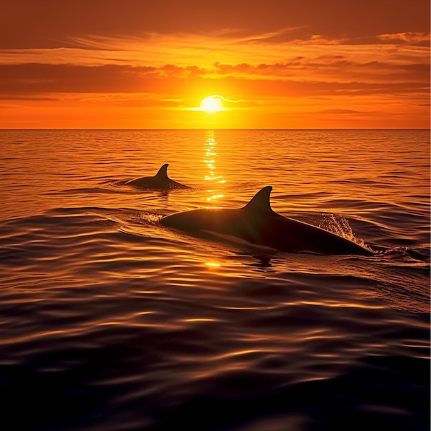 Delfiny pływające w oceanie o zachodzie słońca