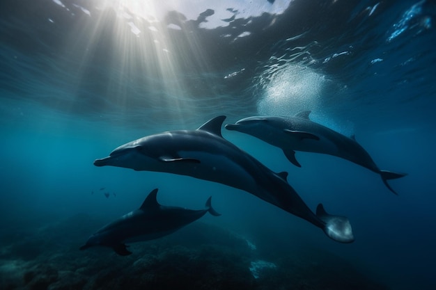 Delfiny pływające w oceanie ze świecącym na nie słońcem