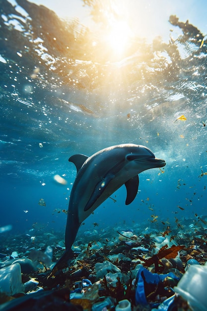 Delfiny pływające wdzięcznie wokół oceanicznych śmieci