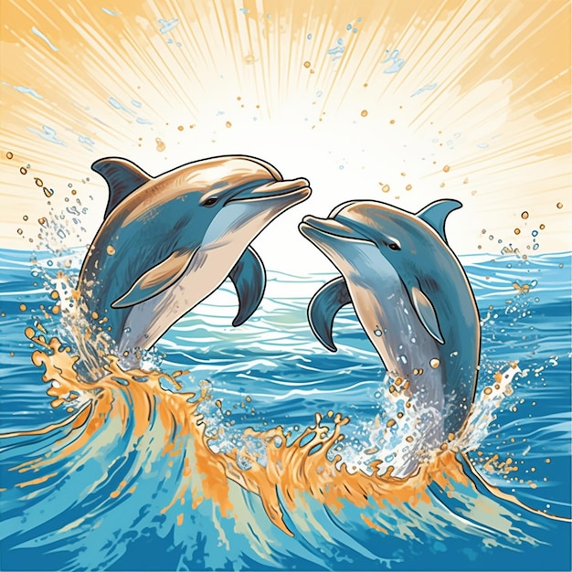 Zdjęcie delfiny wyskakujące z wody, mając za sobą słońce.