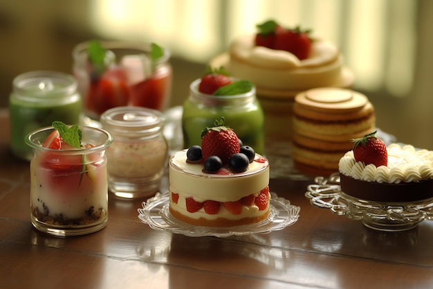 Delicious Pastry Cupcakes i ciasto z jagodami na stole deserowym w Charming Cafe