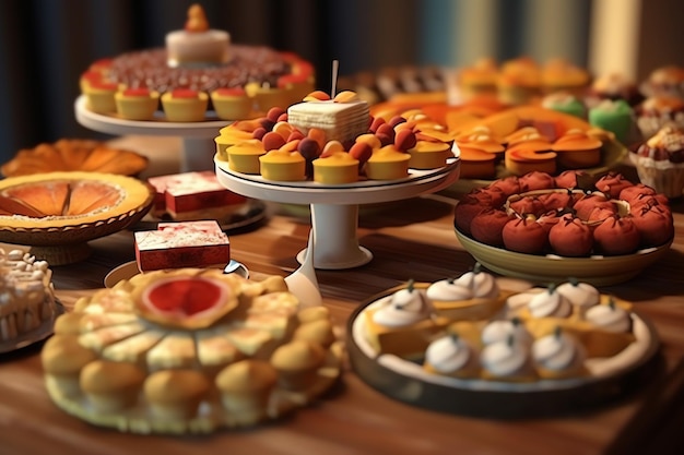 Delicious Pastry Cupcakes i ciasto z jagodami na stole deserowym w Charming Cafe