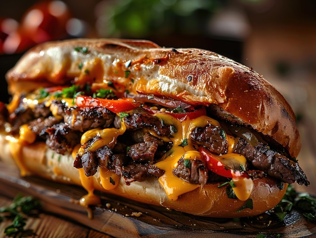 Delicious Philly cheesesteak photography explosion flavors studio lighting studio background welllit vibrant colors sharpfocus Homemade Philly Cheesesteak Sandwich with Onions and Peppers