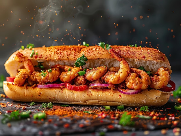 Delicious poboy fotografia wybuch smaków studio oświetlenie studio tło dobrze oświetlone żywe kolory ostre skupienie wysokiej jakości artystyczne unikalne