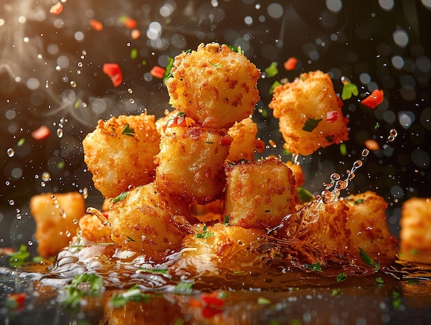 Zdjęcie delicious tater tots fotografia wybuch smaków studio oświetlenie studio tło dobrze oświetlone żywe kolory ostre skupienie wysokiej jakości artystyczne unikalne nagrodzone zdjęcie