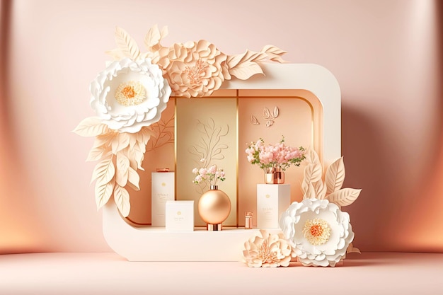 Delikatna beżowa instalacja z papierowymi kwiatami do renderowania 3d do reklamowania produktów kosmetycznych generatywnych ai