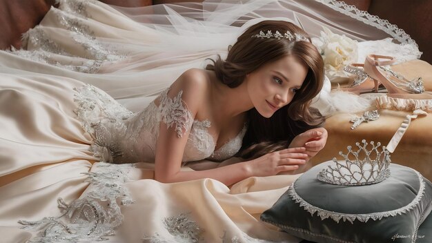 Delikatna brunetka, kaukazyjska panna młoda leży na tkaninie luksusowej sukni ślubnej.