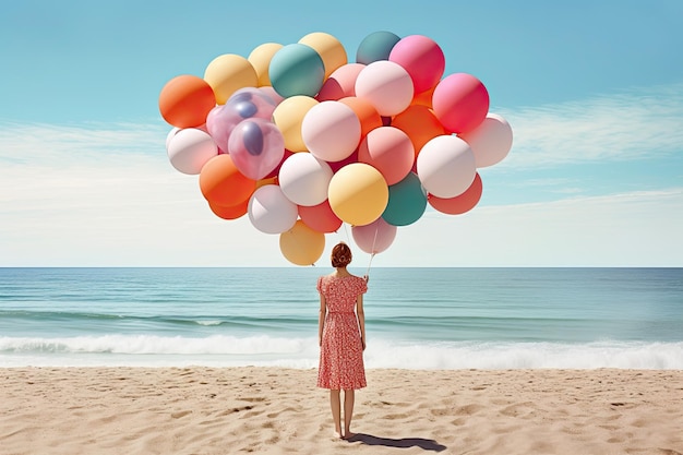 Delikatna ilustracja przedstawiająca kobietę trzymającą wiele balonów na plaży w idealnym współczesnym stylu reprezentującym letnią generatywną sztuczną inteligencję