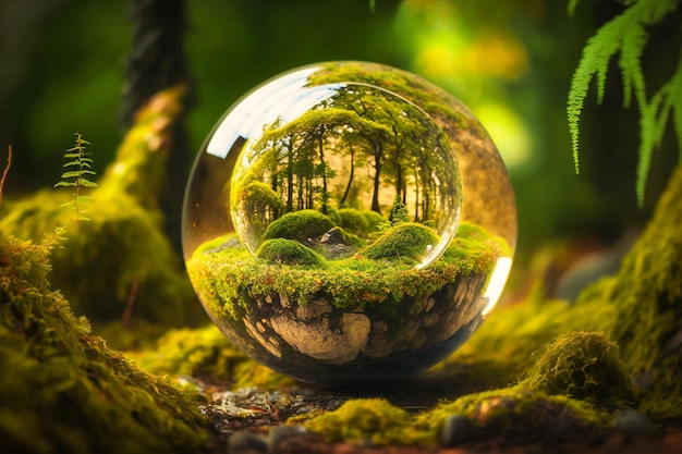 Delikatna kula ziemska wtulona w zielony mech w lesie odzwierciedla naszą wspólną odpowiedzialność za ochronę naszego środowiska