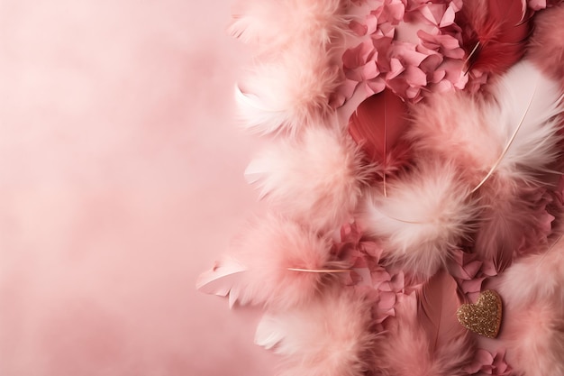 Delikatna pastelowo-różowa kompozycja piór, serc i kwiatów na dymnym marmurowym tle z