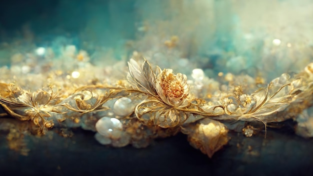 Delikatne bajeczne turkusowe luksusowe tło z magicznymi kwiatami klejnotami i efektami świetlnymi Ilustracja 3D Ai render