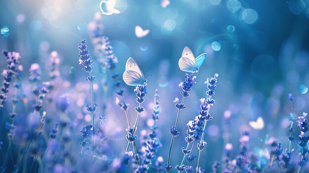 Delikatne motyle latające w mistycznym polu lawendy kąpanym w eterycznym niebieskim blasku