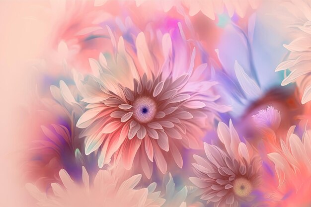 Delikatne pastelowe różowe tło z wielobarwnymi kwiatami na rozmytych płatkach stworzonych za pomocą generatywnego