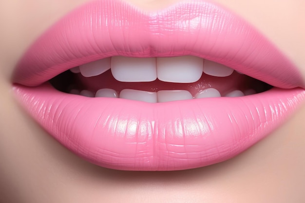 Delikatne, różowe, tłuste usta kobiety, realistyczne usta z białymi zębami, zbliżenie, kopiowanie przestrzeni dla tekstu