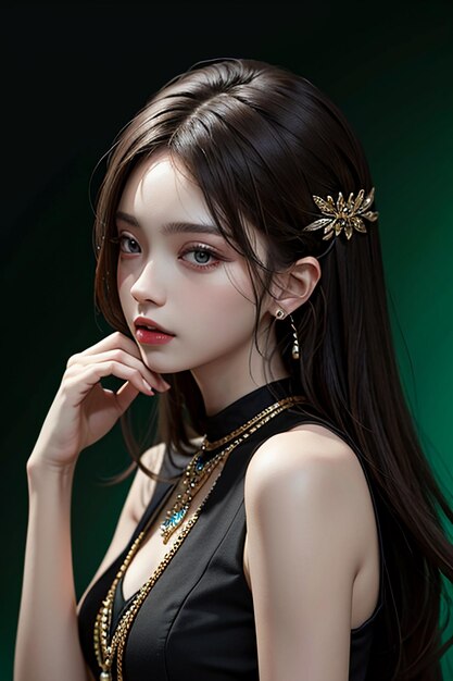 Delikatne rysy twarzy orientalnej urody, młoda piękna dziewczyna ubrana w wieczorową sukienkę, ciało gorące