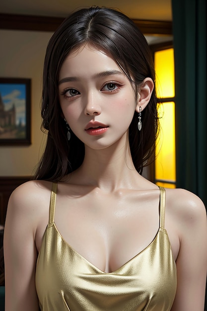 Delikatne rysy twarzy orientalnej urody, młoda piękna dziewczyna ubrana w wieczorową sukienkę, ciało gorące