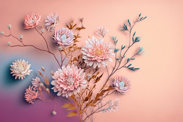 Delikatne wielobarwne kwiaty na pastelowym różowym tle stworzone za pomocą generatywnej ai