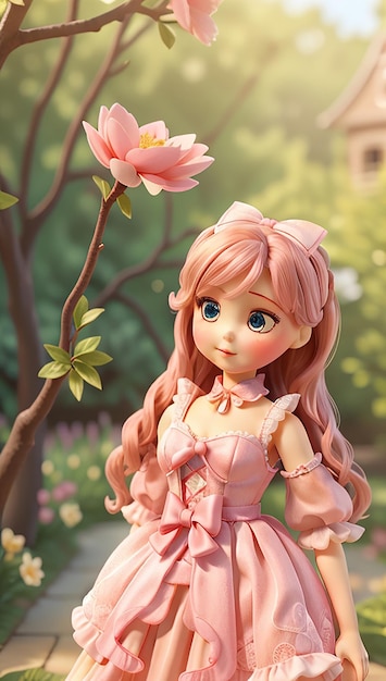Delikatnie różowa lalka w koronkowej sukience i kokardce we włosach stojąca w zalanym słońcem ogrodzie