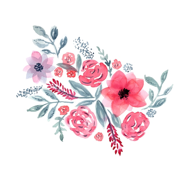 Delikatny, Akwarelowy, Niebiesko-różowy Bukiet Kwiatowy Z Delikatnymi Liśćmi I Kwiatami