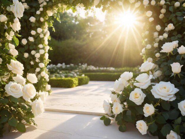 Delikatny biały ogród róż tworzący ramę wokół otwartego płótna miękkiego światła słonecznego