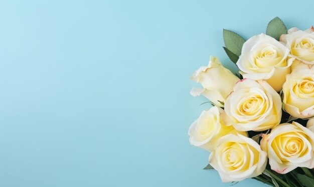 Delikatny bukiet białych i żółtych róż na miękkim niebieskim tle AI Generative