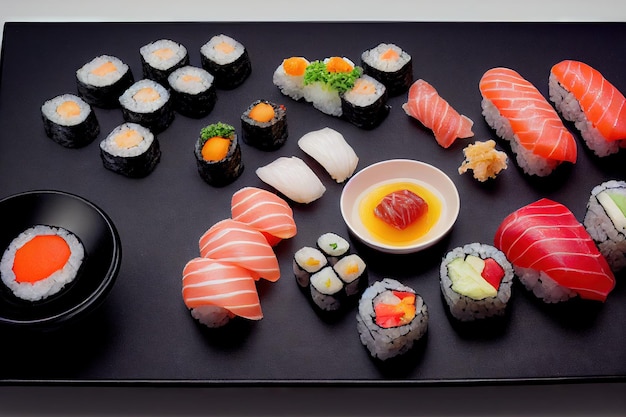 Delikatny filet z smażonej ryby i sashimi w dużym zestawie sushi