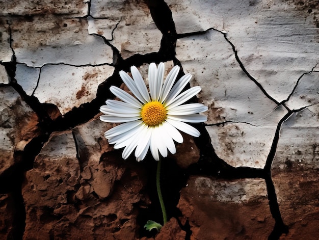 Zdjęcie delikatny kwiat rumianku na tle spękanej ziemi